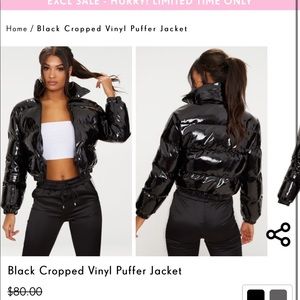 Black Cropped Vinyl Puffer Jacket